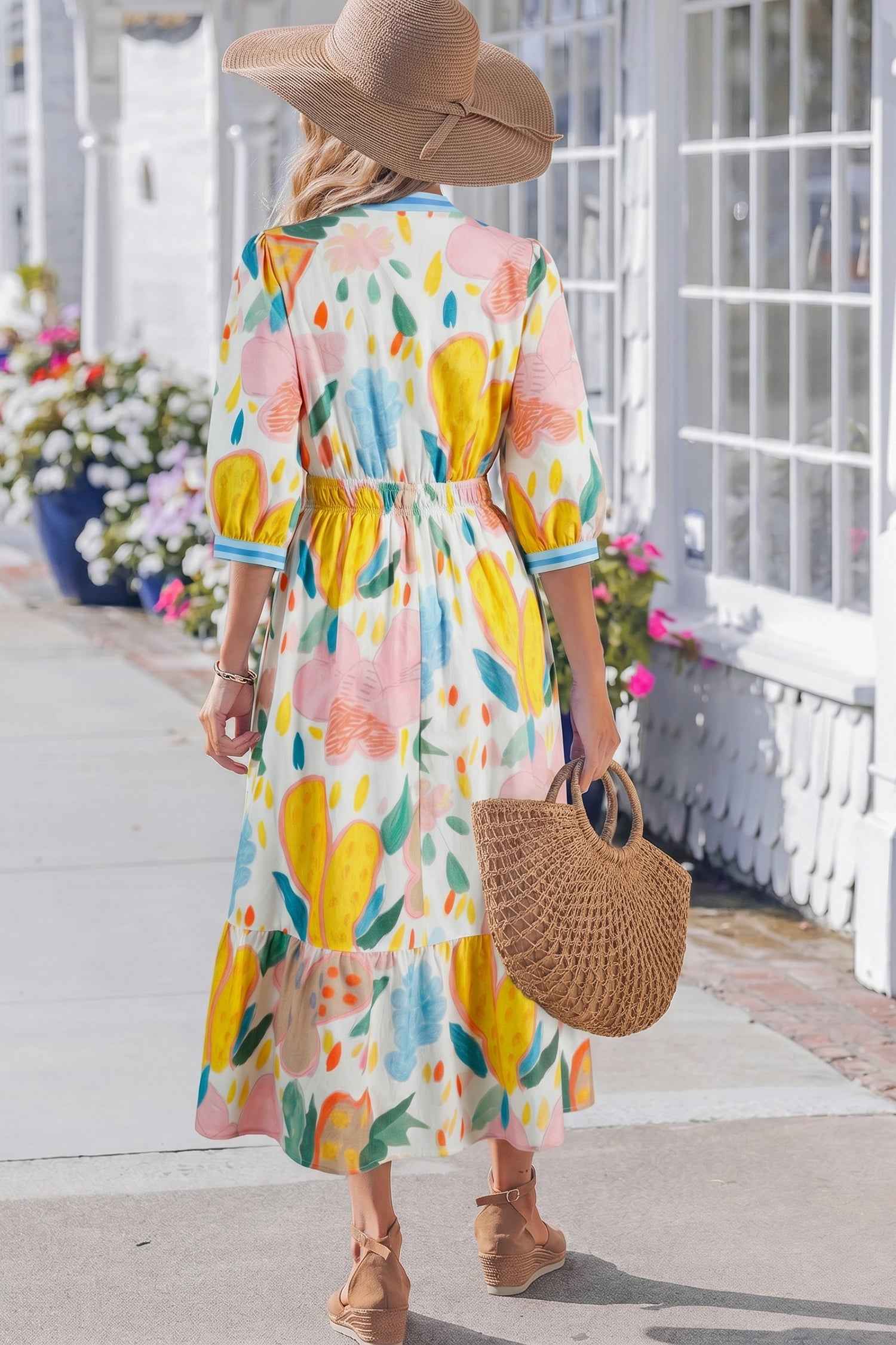 Multicolour Floral Doodle Print Striped Trim V Neck Midi Dress