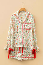 Beige Nutcracker Print Contrast Trim Tied up Bow Silky 2pcs Pajama Set