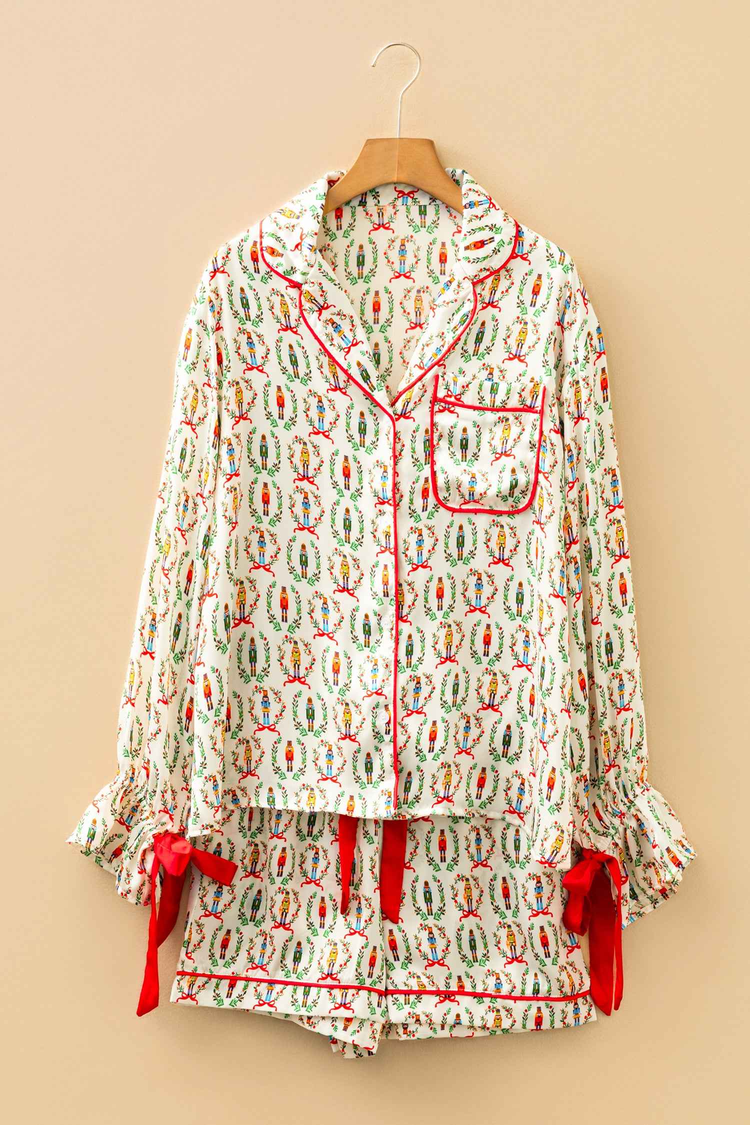 Beige Nutcracker Print Contrast Trim Tied up Bow Silky 2pcs Pajama Set