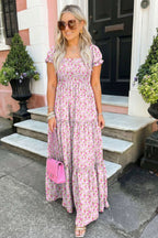 Purple Floral Short Bubble Sleeve Shirred High Waist Maxi Dress