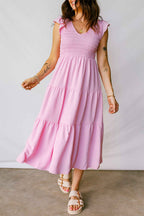 Pink Smocked Bodice Flutter Sleeve Fit Flare Tiered Midi Dress