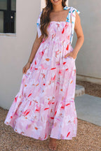 Pink Floral Print Knotted Shoulder Smocked Maxi Dress