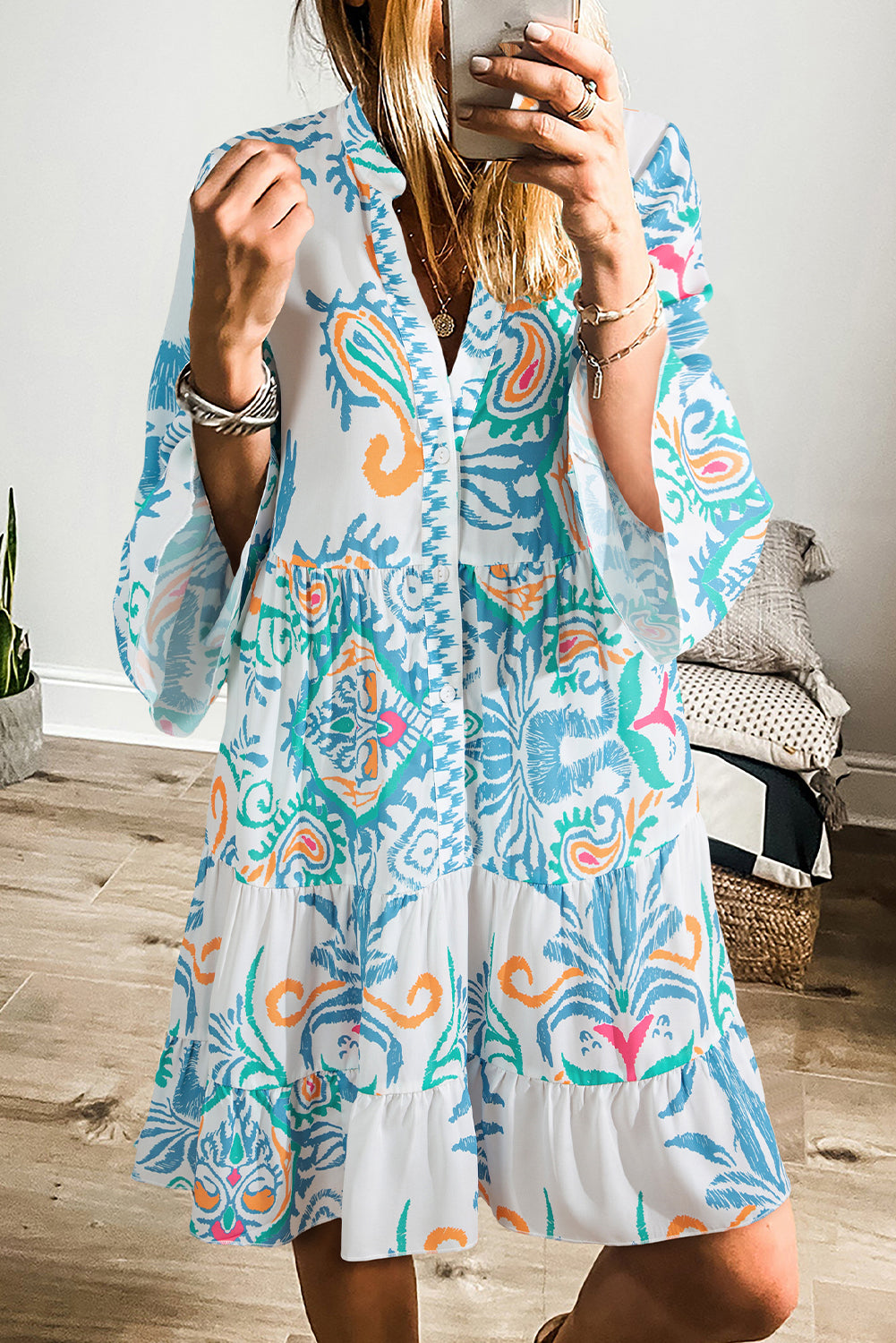 Green Tribal Bracelet Sleeve Buttoned Mini Dress