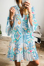 Green Tribal Bracelet Sleeve Buttoned Mini Dress