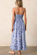Sky Blue Floral Print Spaghetti Strap High Waist Maxi Dress