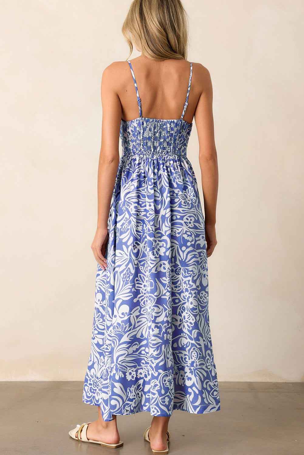 Sky Blue Floral Print Spaghetti Strap High Waist Maxi Dress