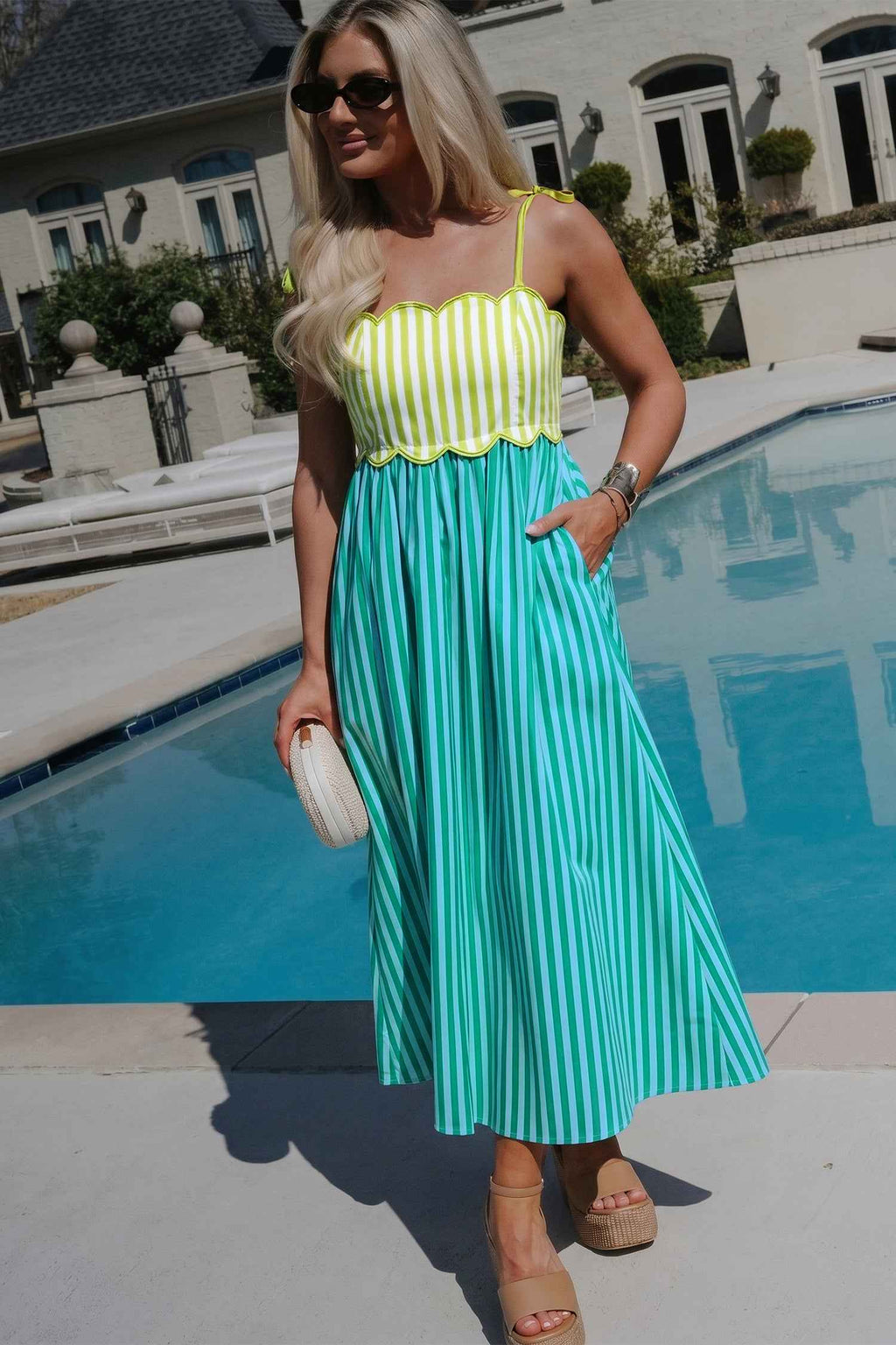 Green Stripe Scalloped Contrast Patchwork Knot Strap Midi Dress