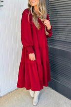 Racing Red Solid Color Ruffle Trim Long Sleeve Tiered Shift Midi Dress