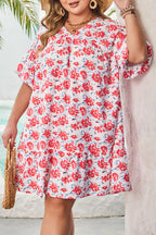 Red Floral Ruffled Half Sleeve V Neck Plus Size Dress