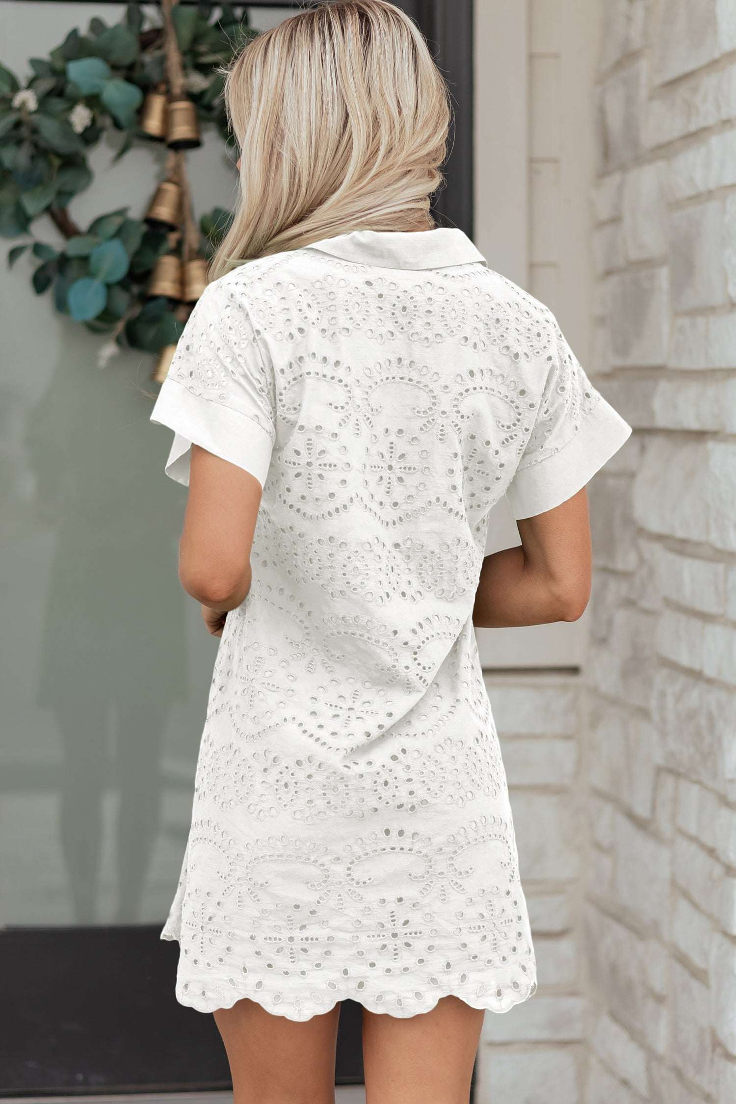 Green Solid Color Eyelet Embroidered T Shirt Mini Dress