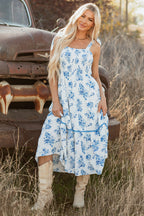 Sky Blue Floral Print Shirred Knot Shoulder Sleeveless Long Dress