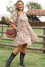 Beige Printed Surplice V Neck Cuffed Sleeve Empire Waist Plus Size Dress
