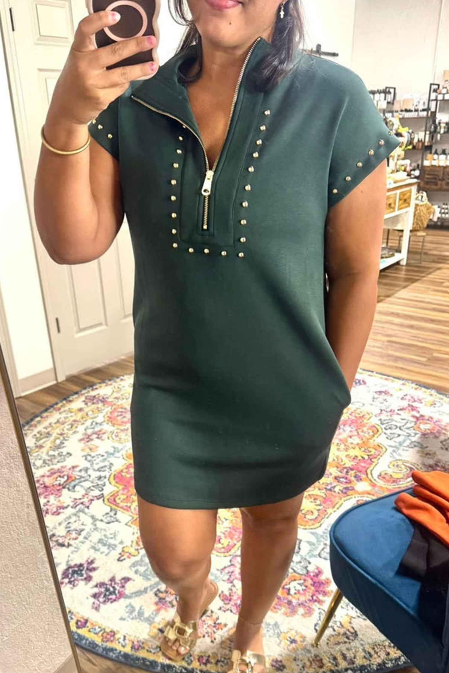 Evergreen Plus Size Glow Studded Zip up T Shirt Dress with Pockets
