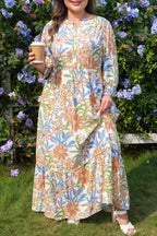 Khaki Floral Print 3/4 Sleeves Tiered Plus Size Long Dress