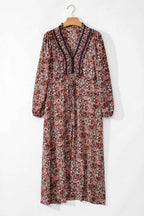 Brown Floral Print Split Front Tiered Frilled V Neck Midi Dress