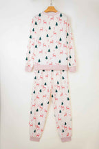 Pink Bow Christmas Tree Print Contrast Striped Banding 2pcs Lounge Set