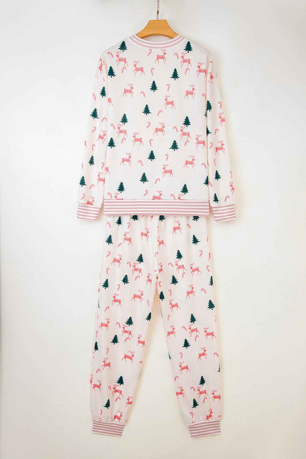 Pink Bow Christmas Tree Print Contrast Striped Banding 2pcs Lounge Set