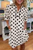 White Polka Dot Half Sleeve Collar V Neck Pocketed Casual Mini Dress