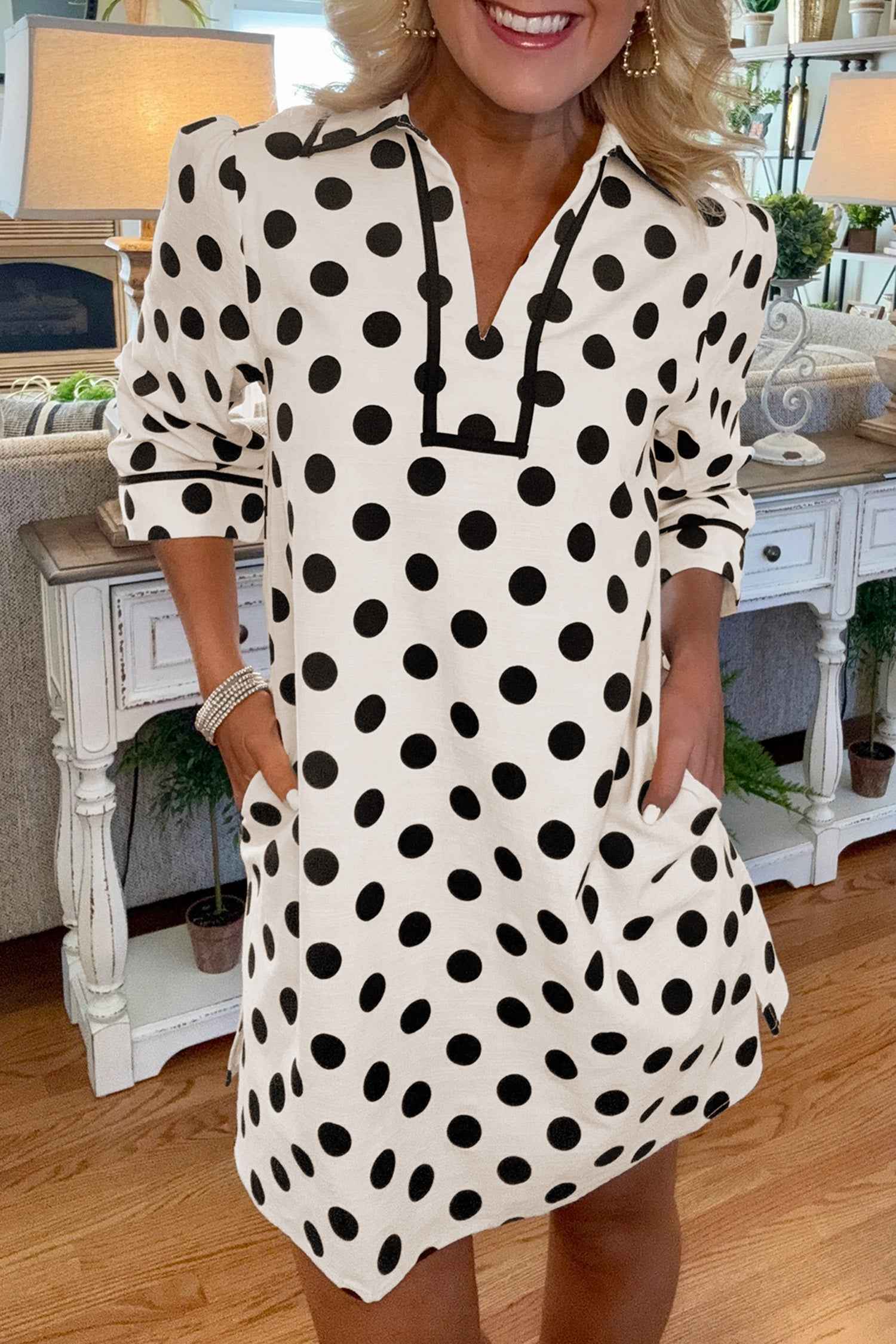 White Polka Dot Half Sleeve Collar V Neck Pocketed Casual Mini Dress