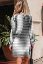 White Stripe Buttoned Front Collared Long Sleeve T Shirt Dress with Pockets