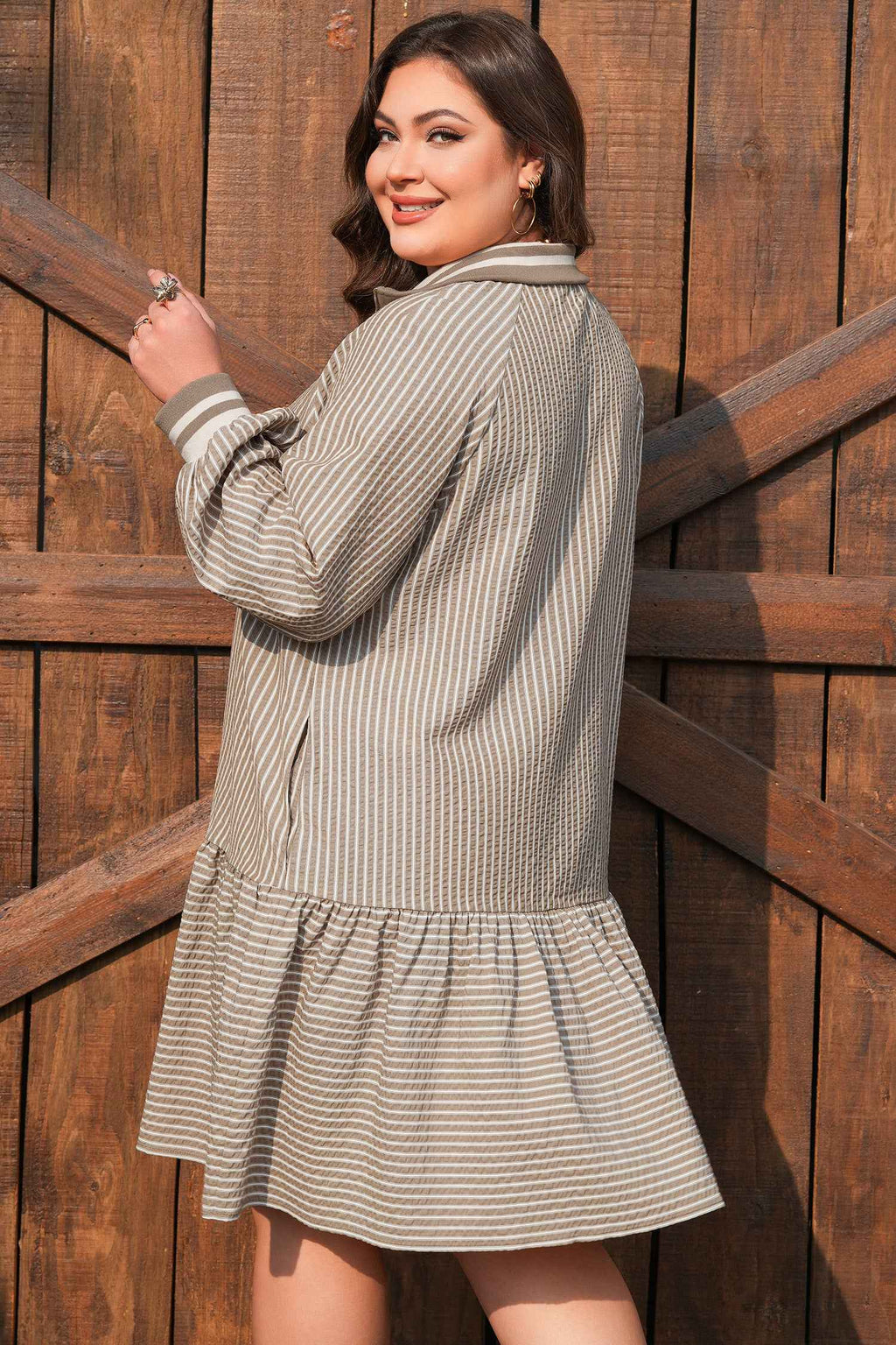 Khaki Stripe Zip up Collared Puff Sleeve Ruffled Plus Size Mini Dress