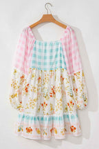 Pink Ric Rac Plaid Floral Print Patchwork Bubble Sleeve Dress
