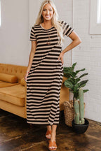 Black Stripe Casual Round Neck T-shirt Maxi Dress with Pockets