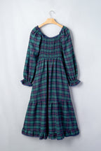 Green Vintage Plaid Square Neck Lace Trim Long Sleeve Shift Dress