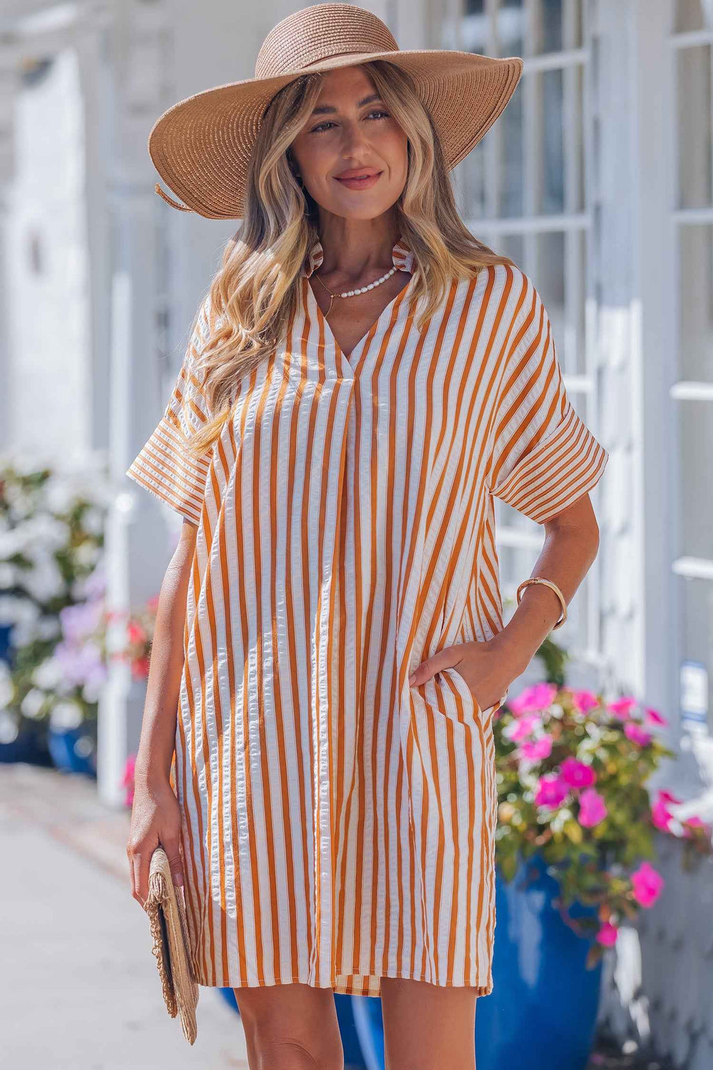 Brown Stripe Pinched V Neck Turn-up Cuffs Shift Mini Dress