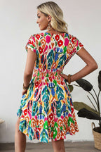 Sky Blue Abstract Print V Neck Dolman Sleeve Ruffle Tiered Mini Dress