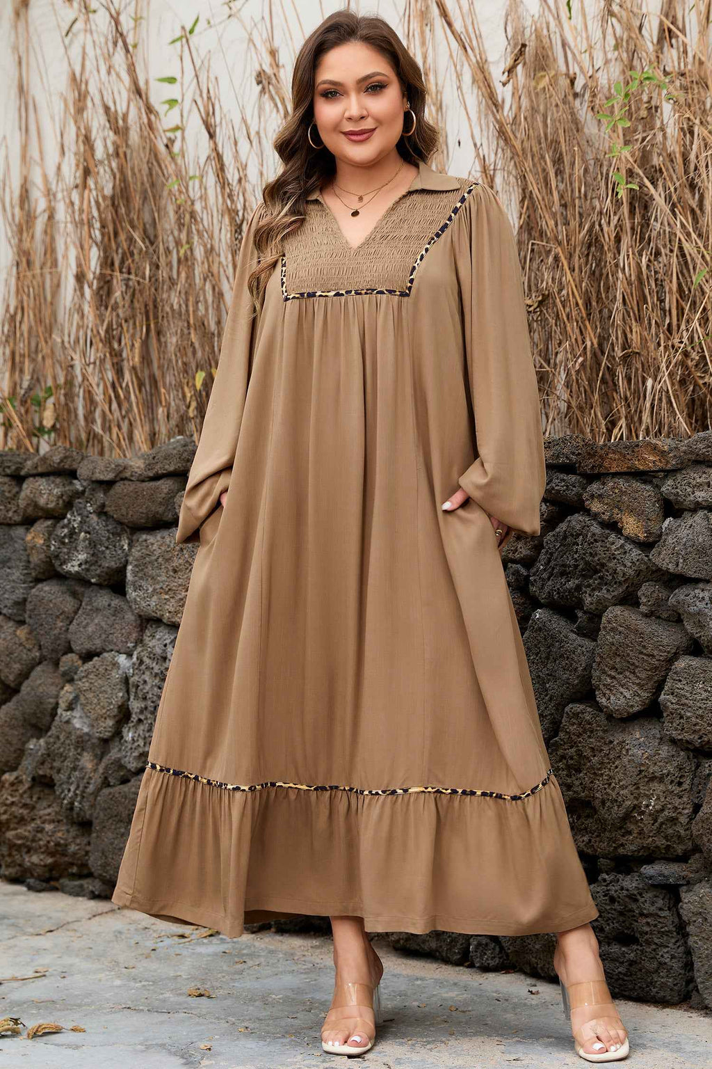 Chestnut Smocked V Neckline Leopard Piping Accent Bracelet Plus Size Long Dress