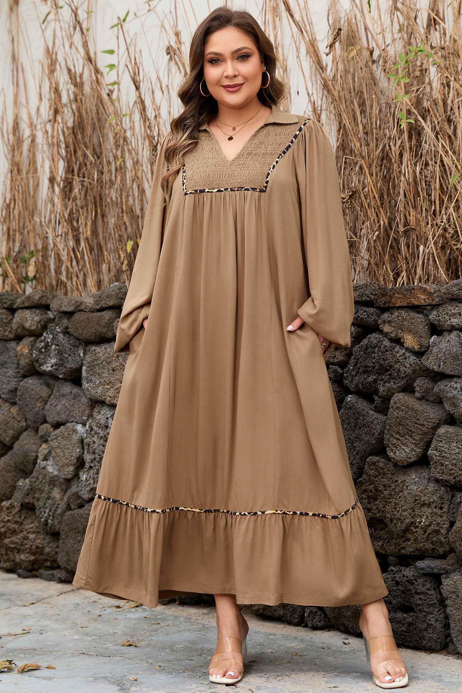 Chestnut Smocked V Neckline Leopard Piping Accent Bracelet Plus Size Long Dress