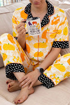 Orange Short Sleeve Pumpkin Print Polka Dot Trim Pocket Pocket Placket Home Wear Lounge Set
