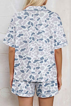 Beige Camouflage Print Lapel Shirt Drawstring 2pcs Short Pajama Set