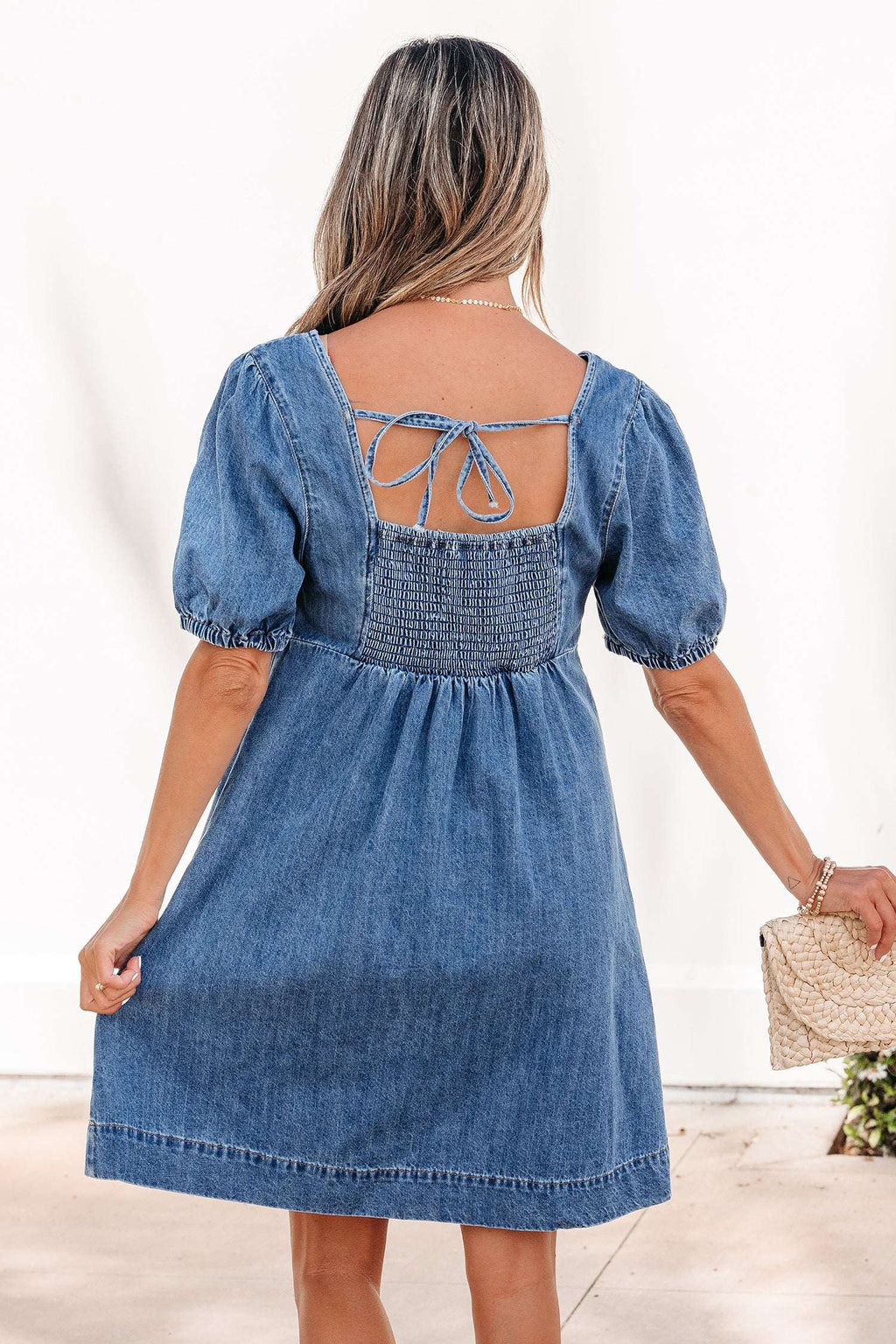 Prussian Blue Button Square Neck Short Puff Sleeve Denim Mini Dress