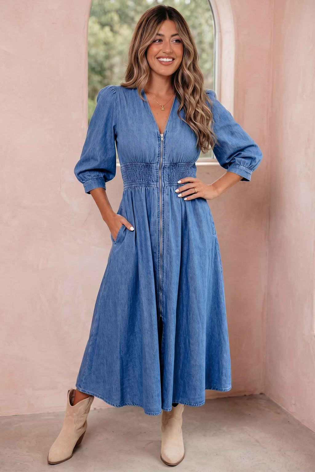 Blue V Neck Shirred Waist Metal Zipper Denim Midi Dress