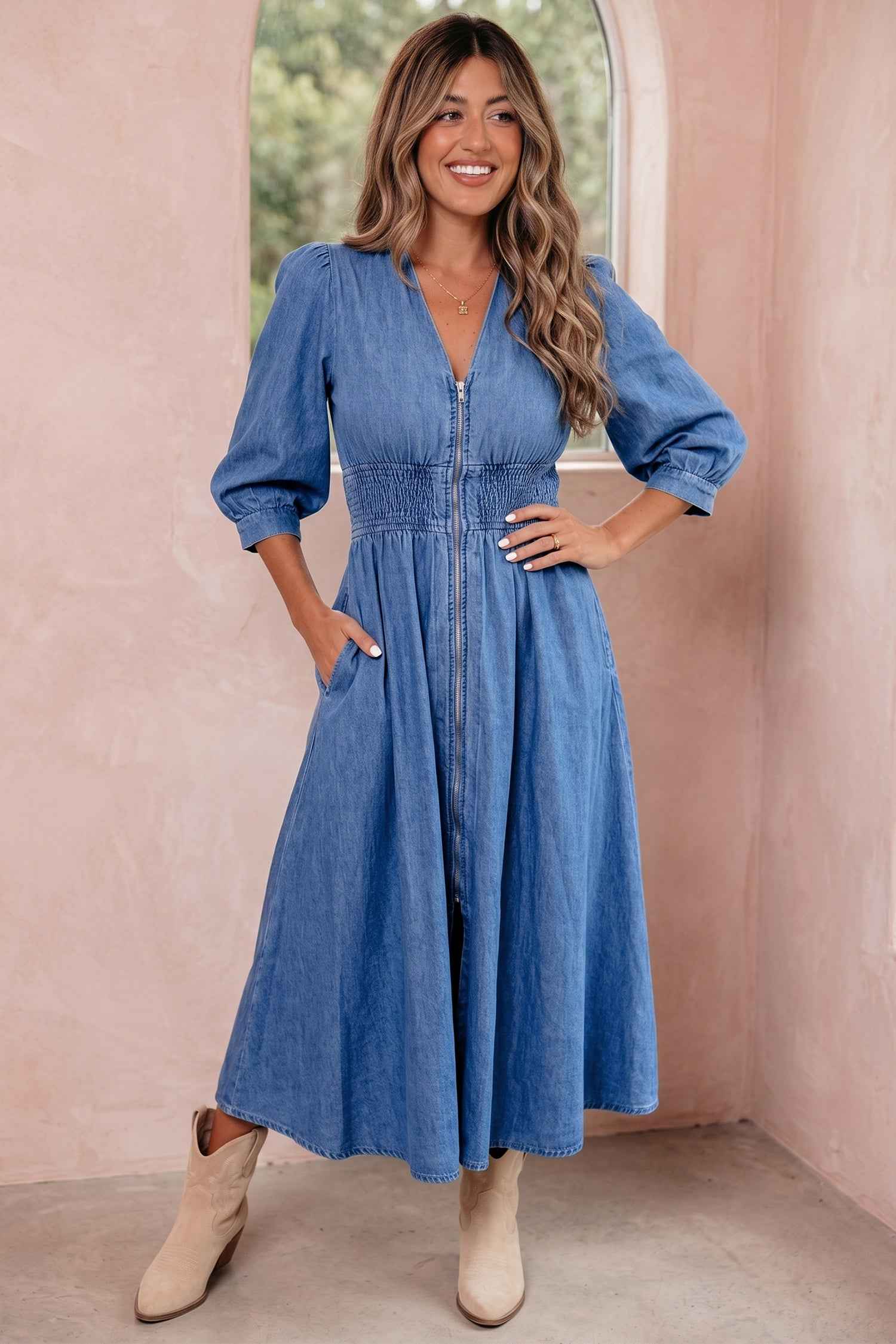 Blue V Neck Shirred Waist Metal Zipper Denim Midi Dress