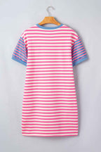 Pink Stripe Contrast Patchwork Short Sleeve T Shirt Shift Dress