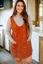 Gold Flame Flower Embroidered Corduroy Overall Mini Dress