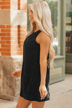 Black Corduroy Sleeveless Mini Dress With Patched Pockets