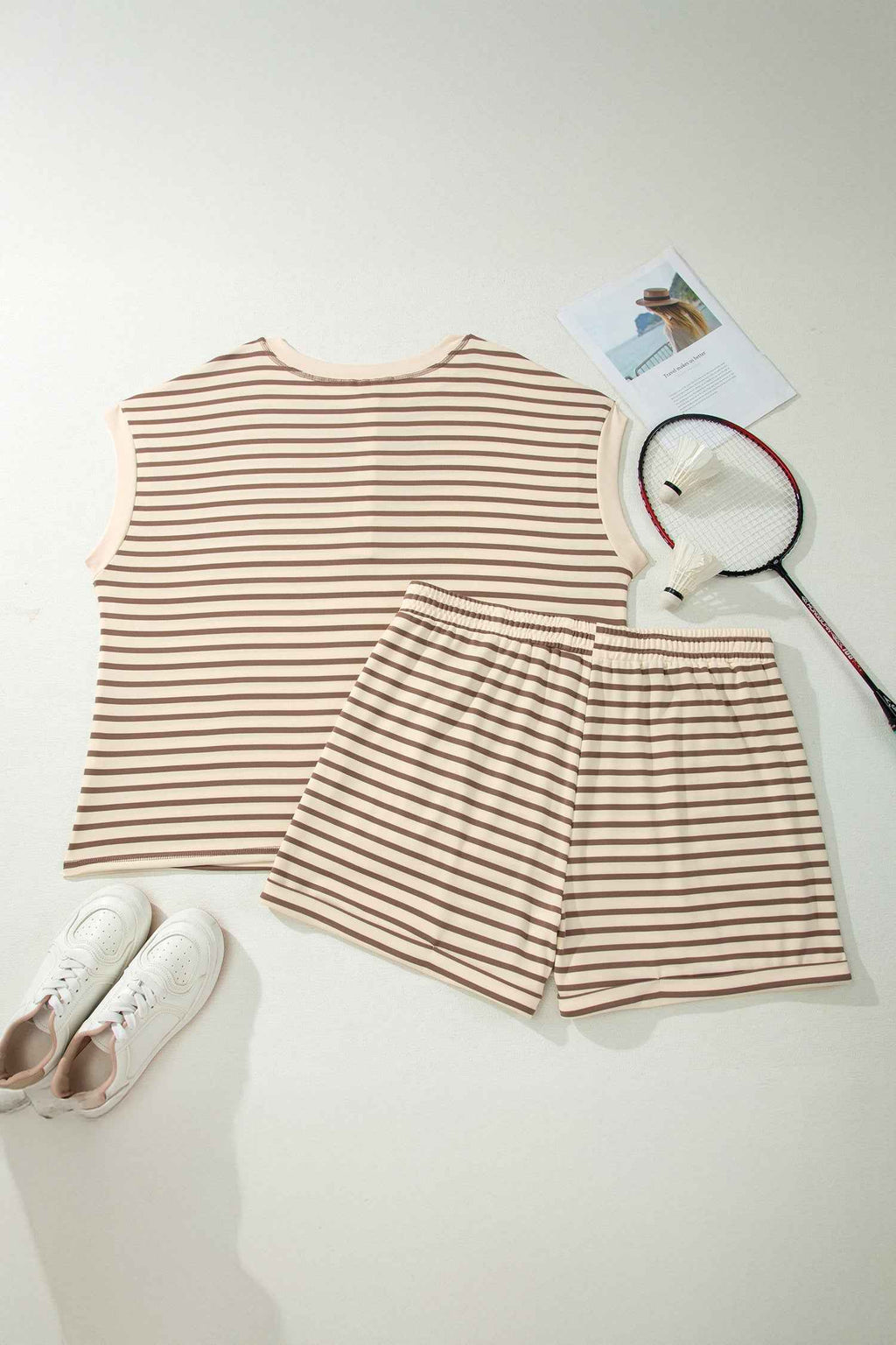 Brown Stripe Plus Size Half Buttons Top and Shorts Set