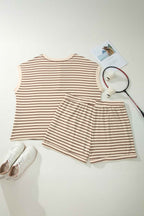 Brown Stripe Plus Size Half Buttons Top and Shorts Set