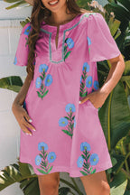 Rose Floral Short Sleeve Split Neck Loose Mini Dress