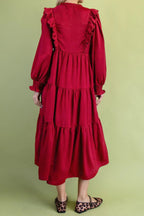 Racing Red Solid Color Ruffle Trim Long Sleeve Tiered Shift Midi Dress