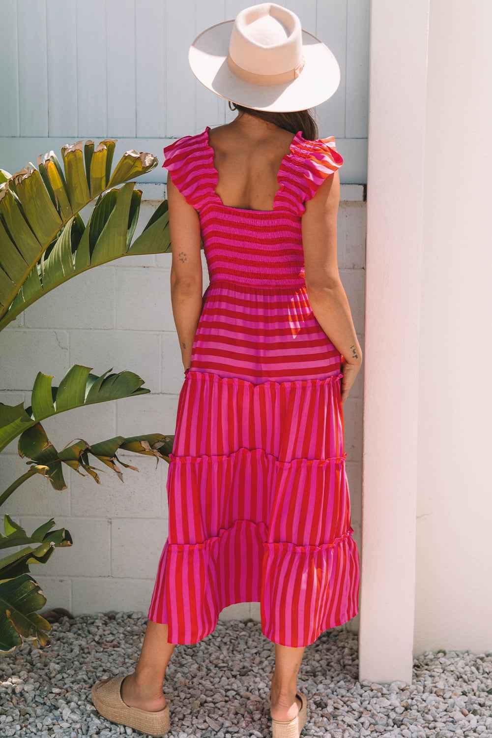 Rose Stripe Flutter Sleeve Smocked Bodice Tiered Maxi Dress