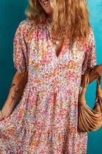 Red Floral Puff Sleeve Notched V Neck Tiered Mini Dress