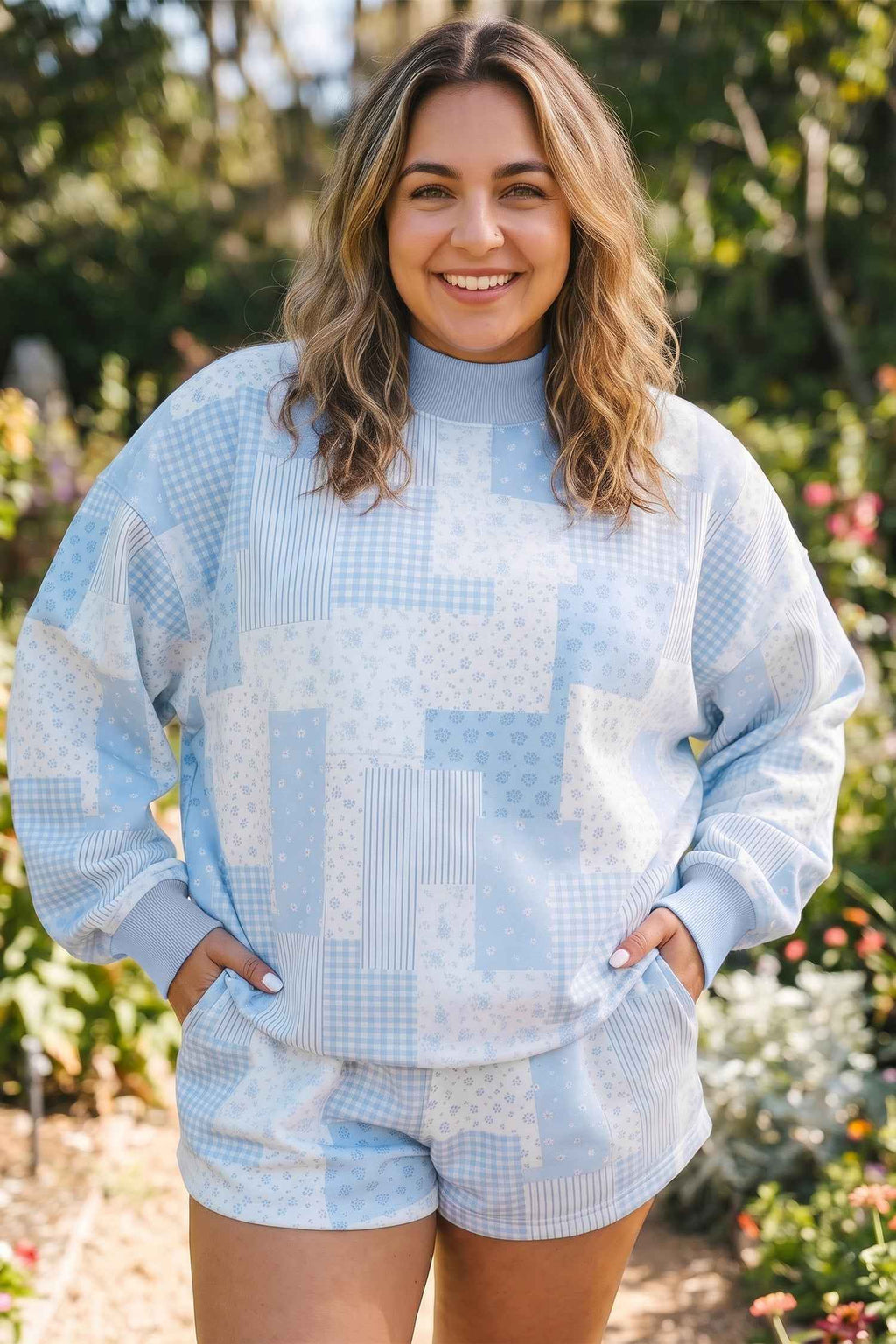 Sky Blue Patchwork Floral Print Stand Neck Long Sleeve Two-piece Outfit Plus Size Set