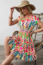 Sky Blue Abstract Print V Neck Dolman Sleeve Ruffle Tiered Mini Dress