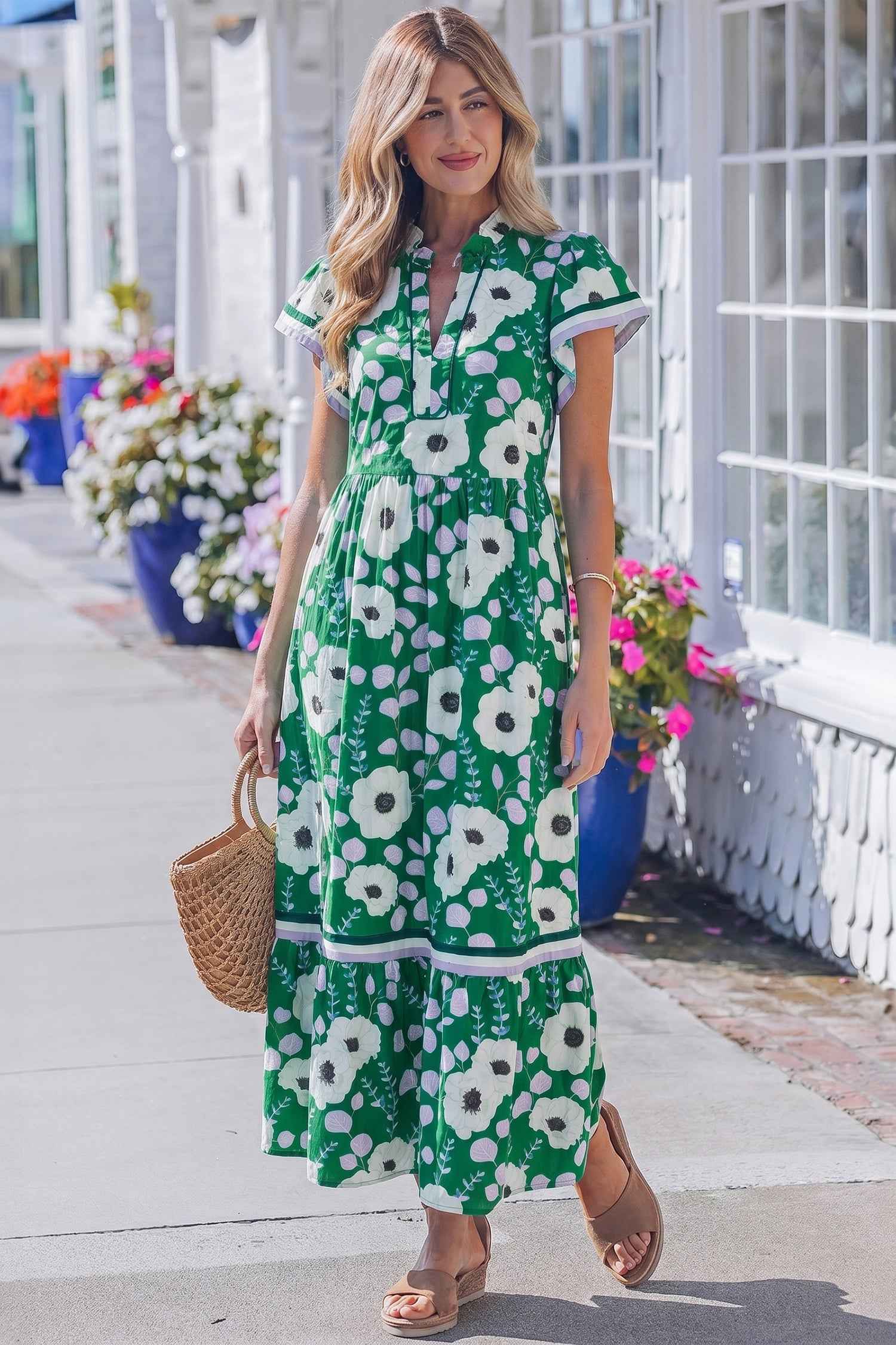 Green V Neck Ruffled Short Sleeve Flower Maxi Dress