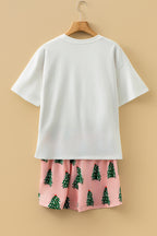 Pink Checkered MERRY Graphic Christmas Tree Print Short Lounge Set